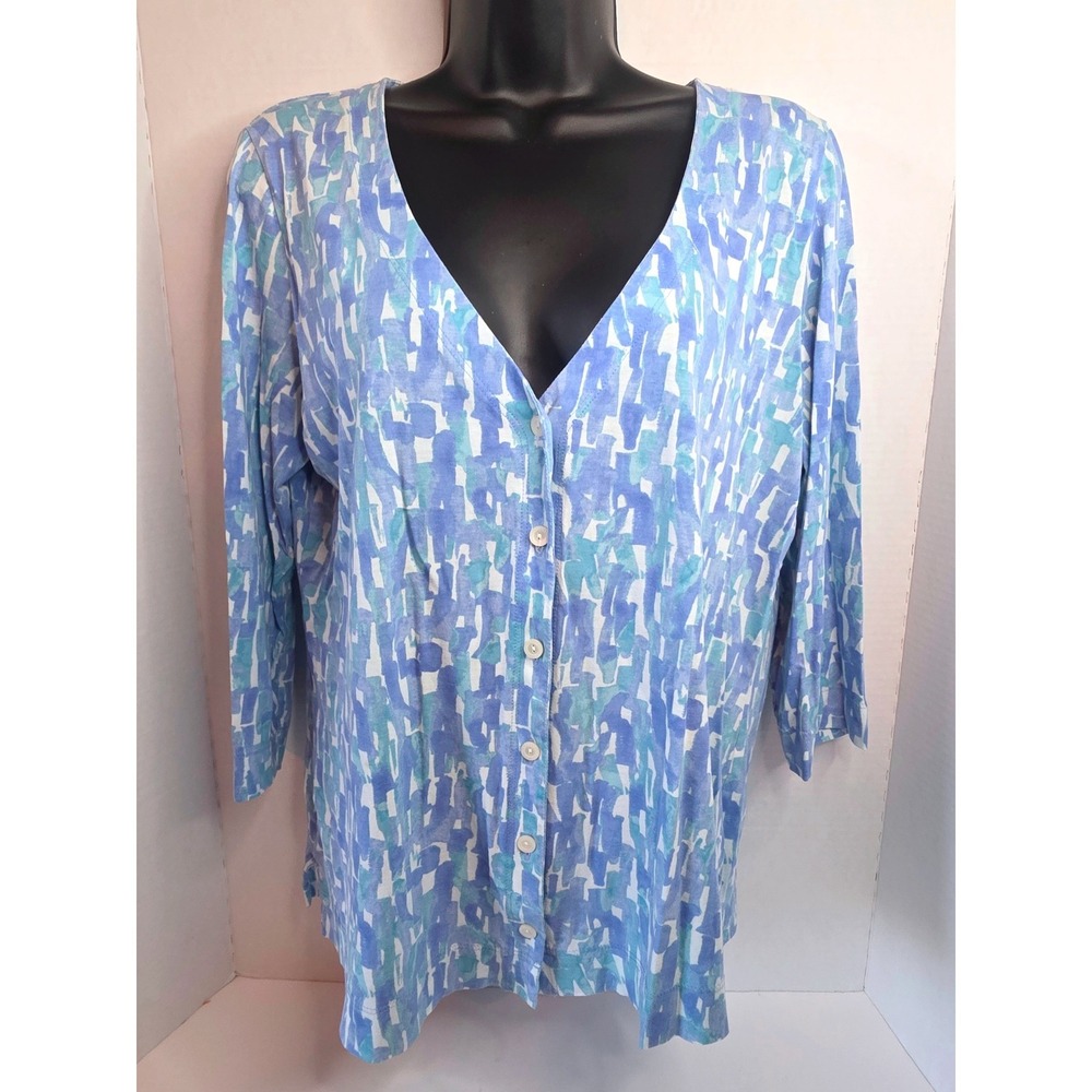 J. Jill Blue Watercolor Print Pima Cotton Cardigan V-Neck 3/4 Sleeve Top Medium